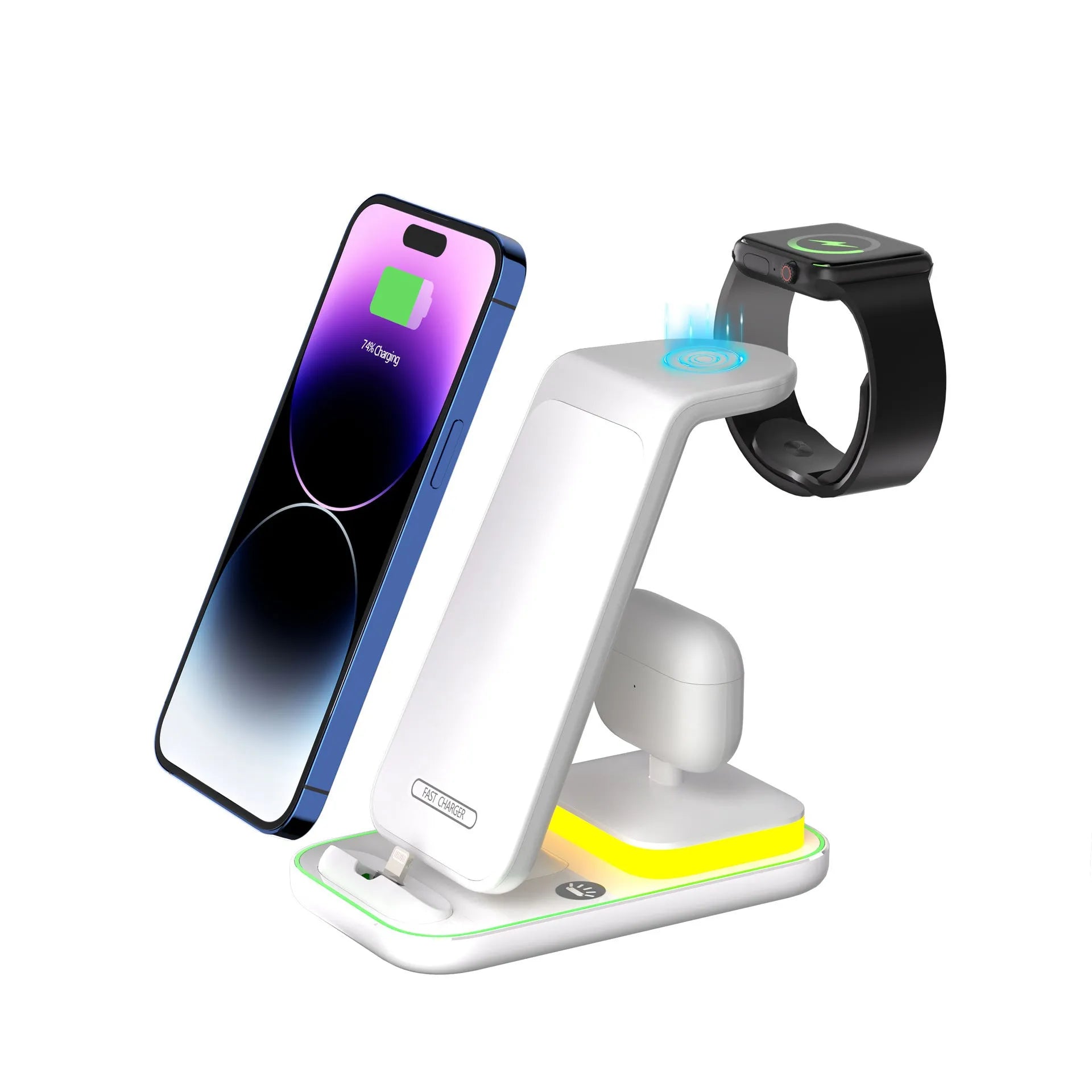 Black vertical wireless charging station for phone, watch and headset with 15W fast charging