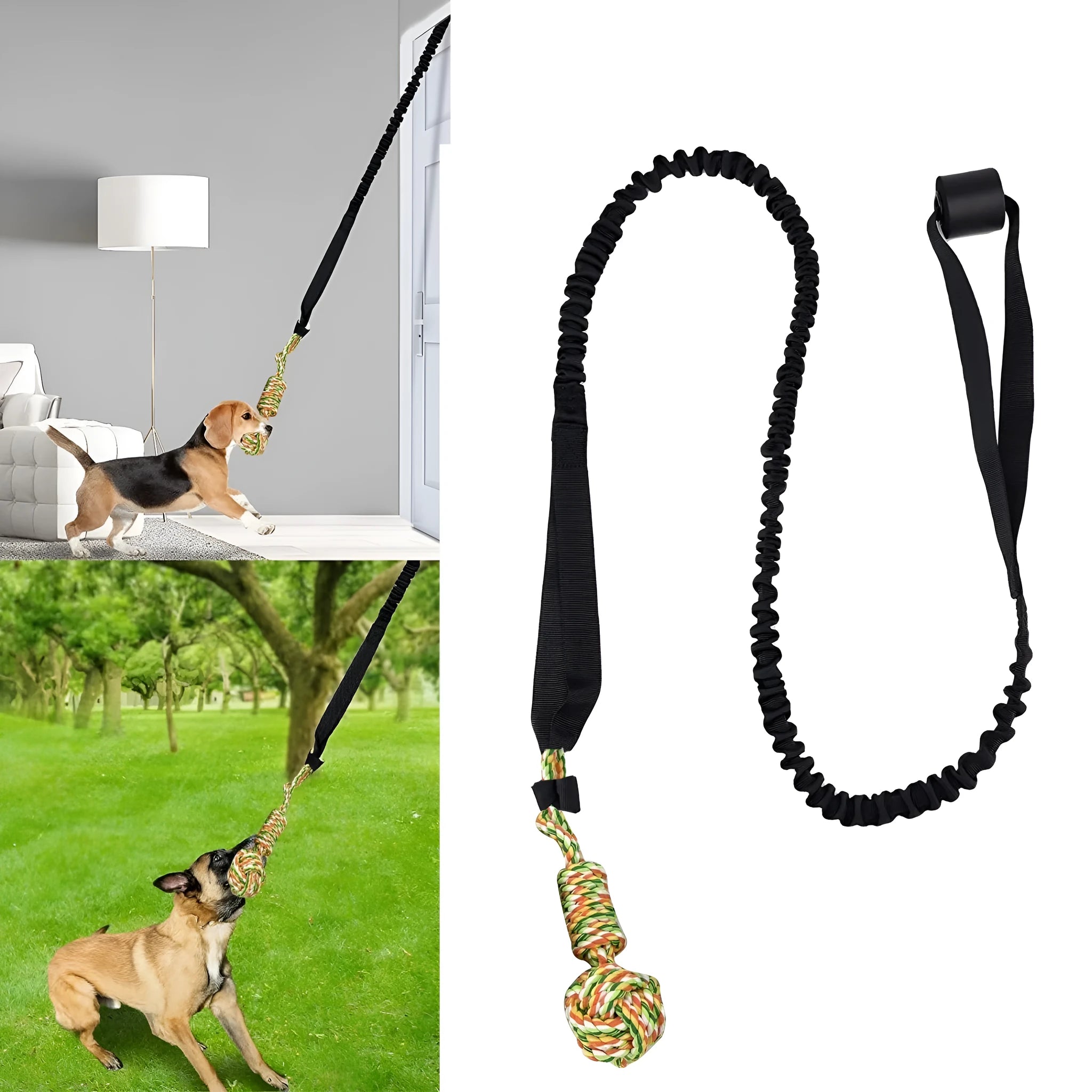 Twisted cotton dog tug of war rope toy in black, grey, and red colour options