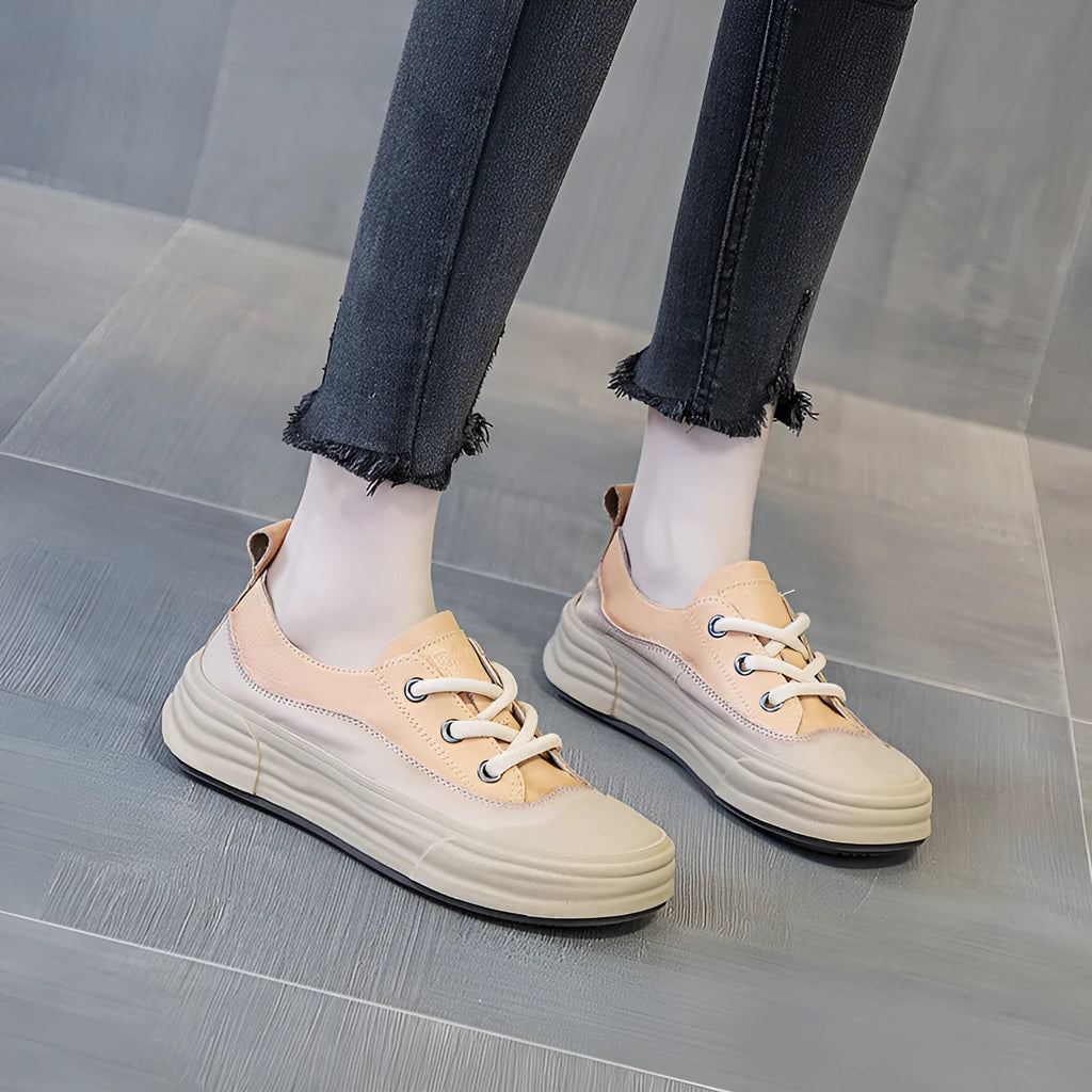 Women's leather platform sneakers in matcha, purple, or orange with round toe and lace-up front