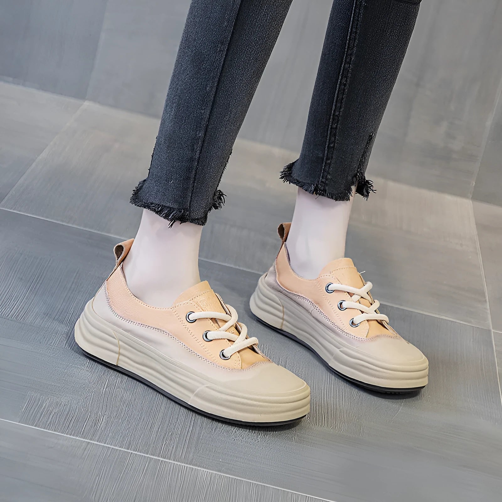 Women's leather platform sneakers in matcha, purple, or orange with round toe and lace-up front