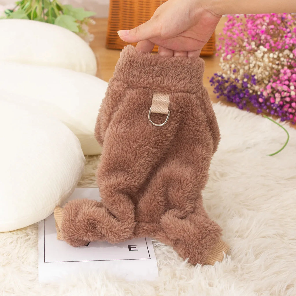 Four-legged dog clothes in double-sided plush fabric with high collar and towing ring in khaki, pink, and blue colours