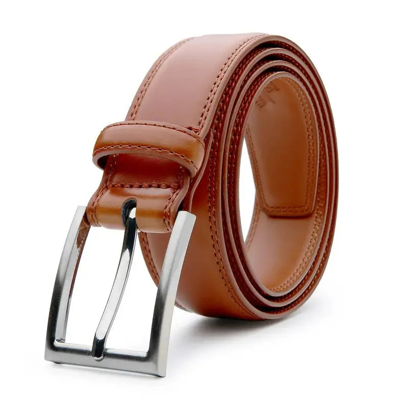 Men's genuine leather casual belt with wild grain texture and alloy buckle in brown, black, or yellow brown.