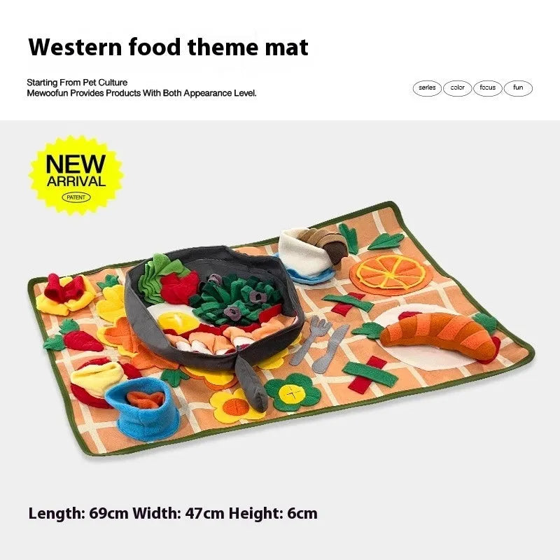 Themed dog sniffing mat with food hiding design for canine enrichment activities