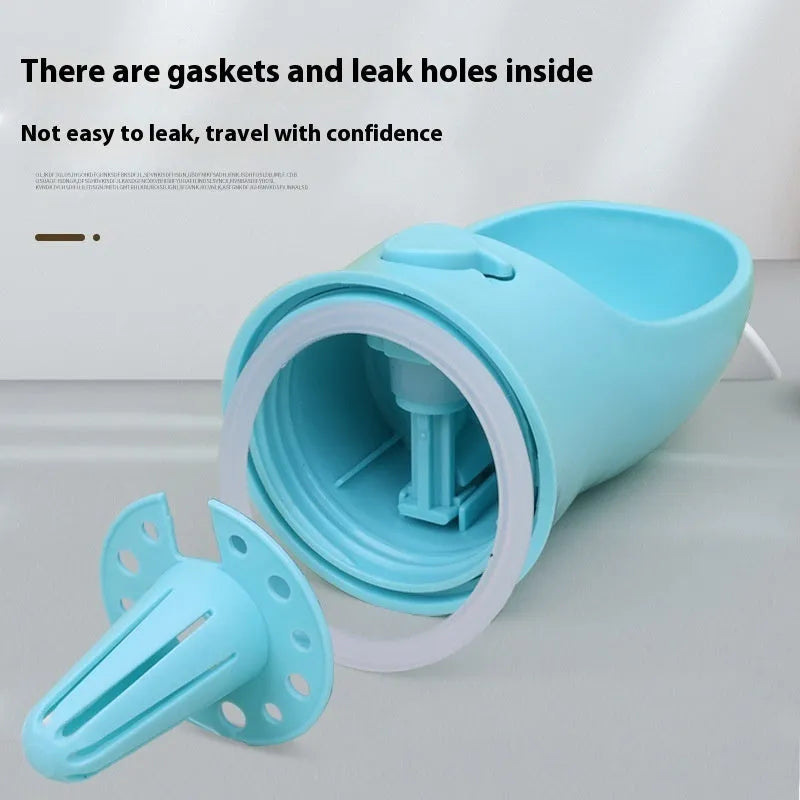 Portable dual-use dog drinking cup showing water dispenser and separate grain bowl compartment