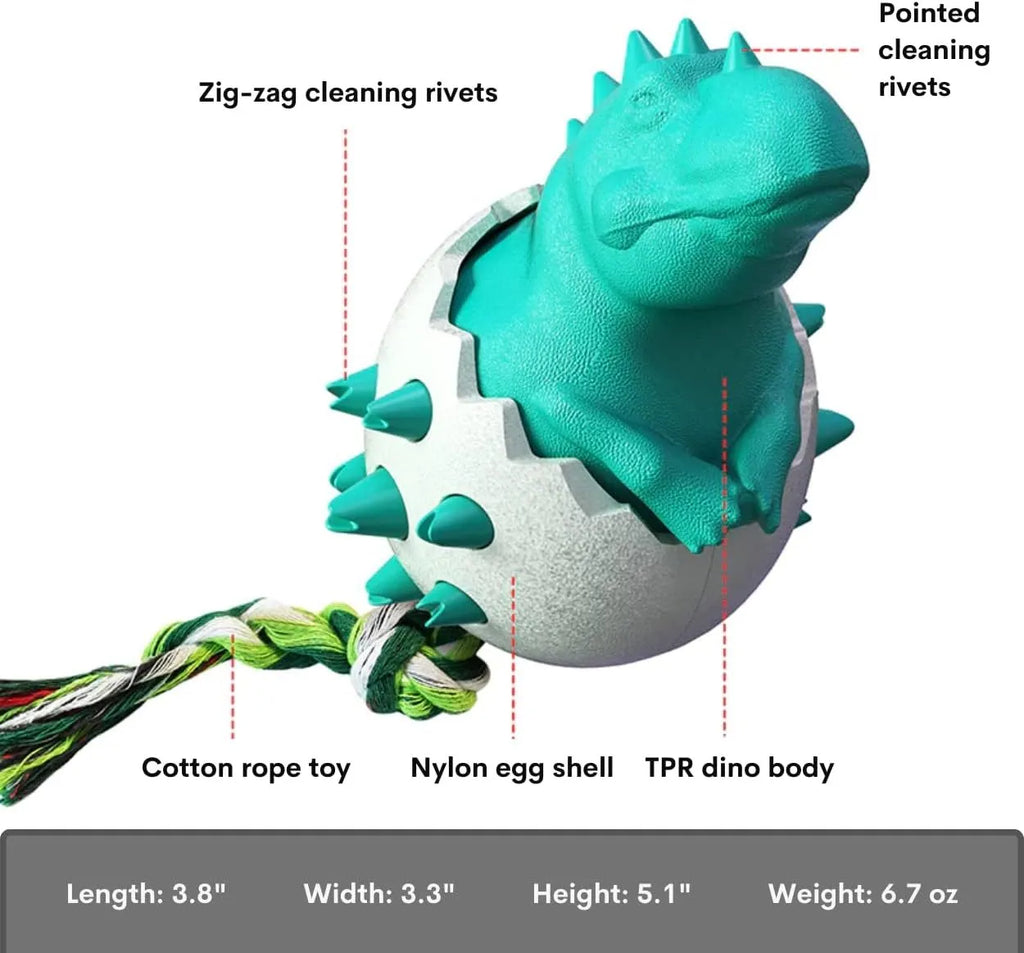Durable rubber dog chew toy with rope attachment and dinosaur design for aggressive chewers