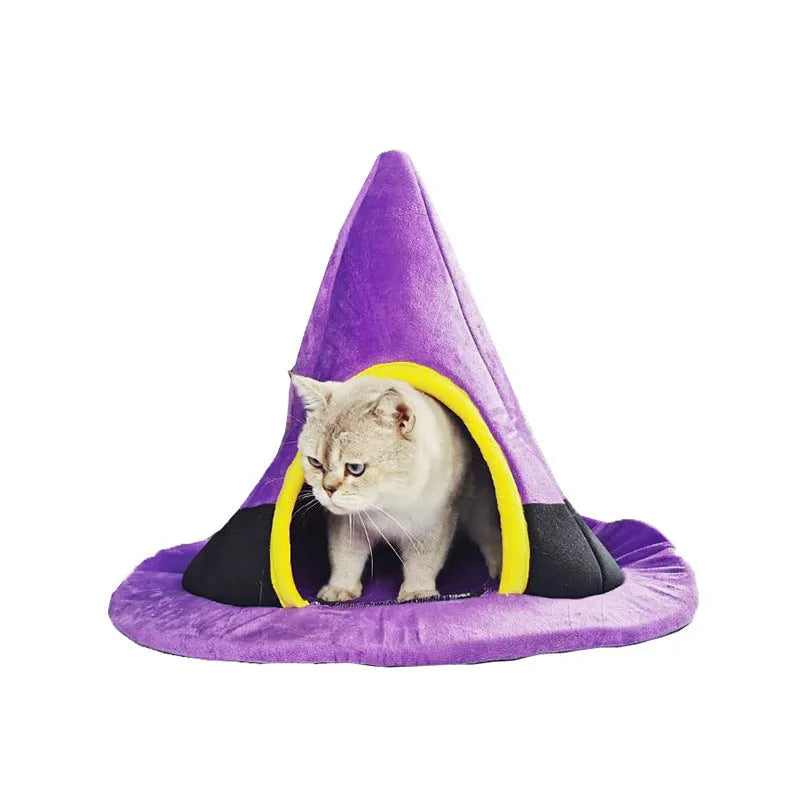 Purple cloth cat nest in Halloween witch hat shape measuring 60x45cm for small pets