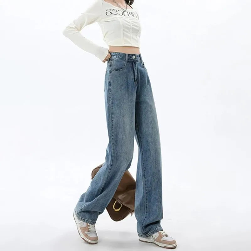 Women's retro blue high waist wide leg jeans with straight cut and stretch denim fabric