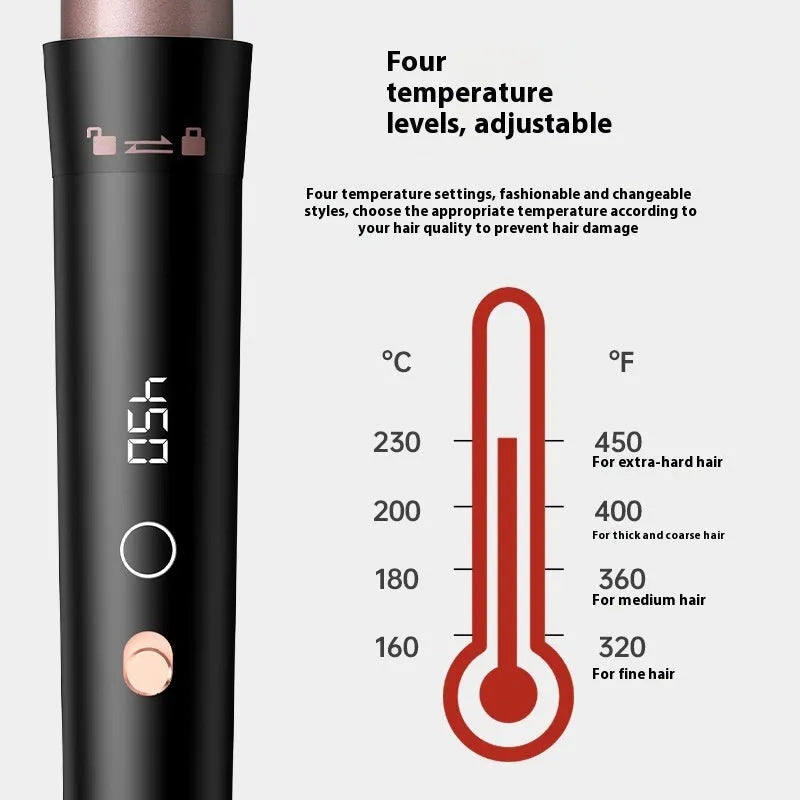 Rose gold hair curler with five interchangeable tubes and LCD display showing negative ion technology