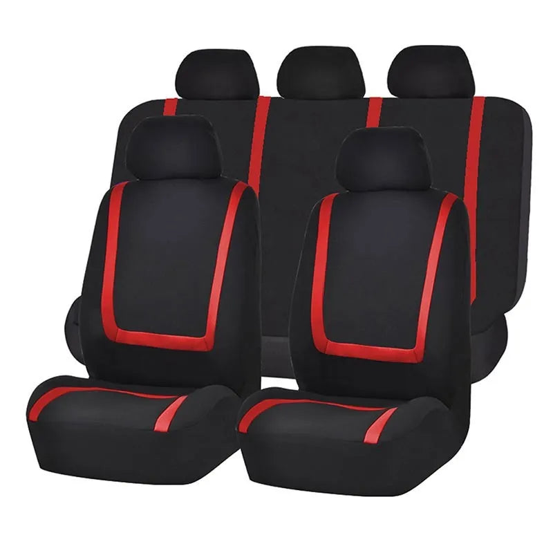 Fully enclosed universal car seat cover set in fabric material, showing headrest and seat panels.