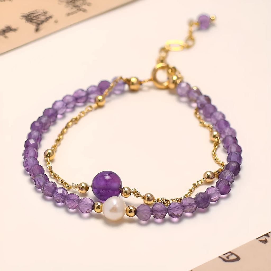 Chinese style women's amethyst crystal bracelet with electroplated diamond-shaped beads.