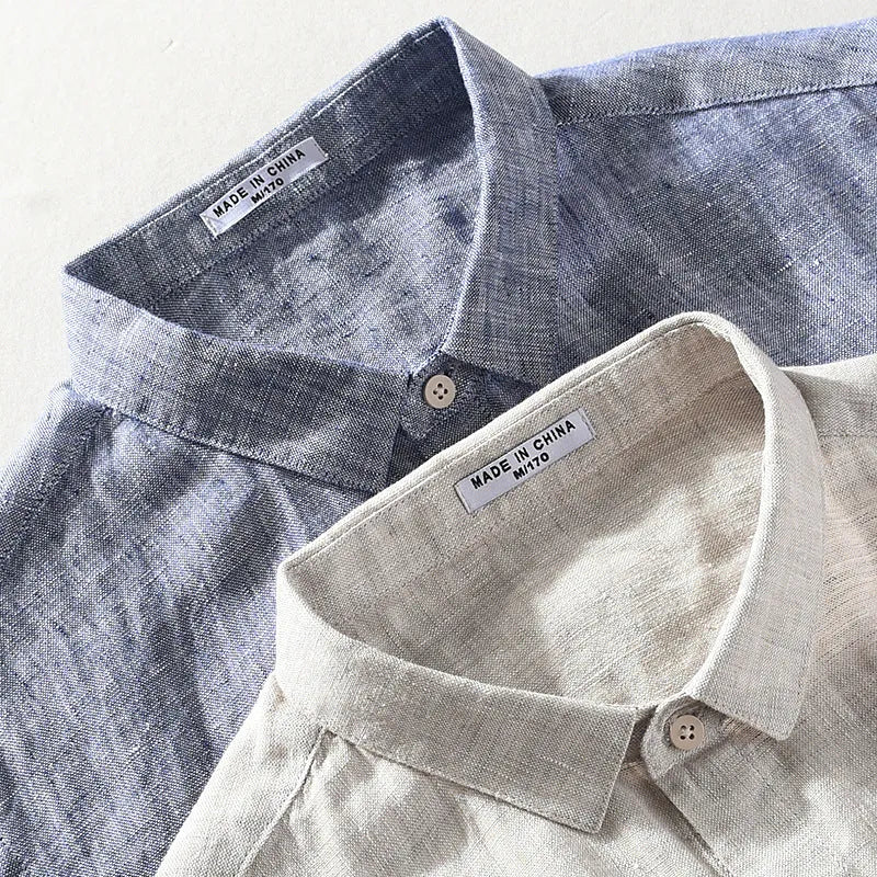Men's short sleeve linen shirt with square collar in raw jute colour, cardigan style