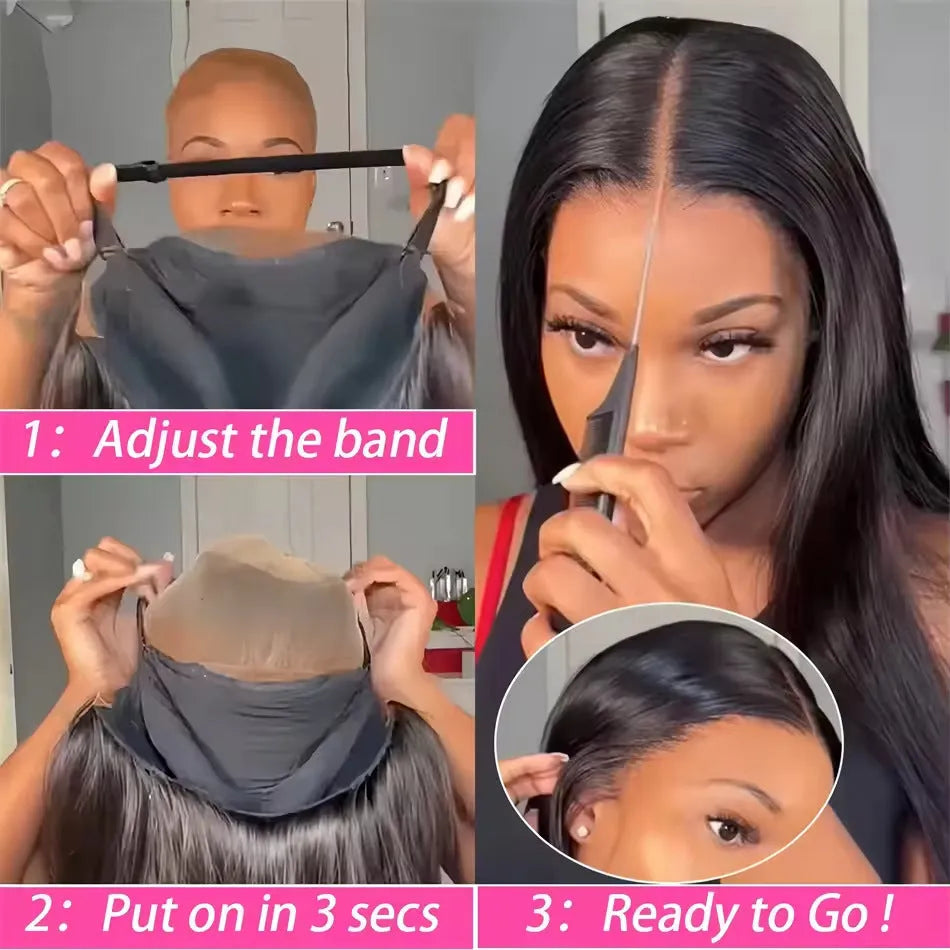 Glueless human hair straight wig with side bangs shown in long length.