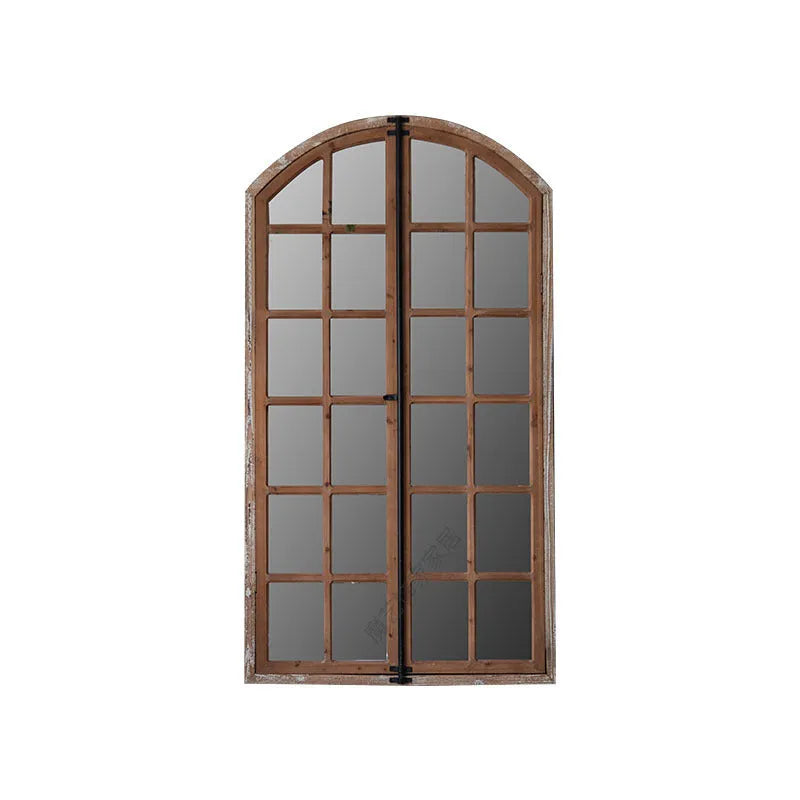 Distressed wooden frame fake window wall mirror with decorative glass panels in log colour finish