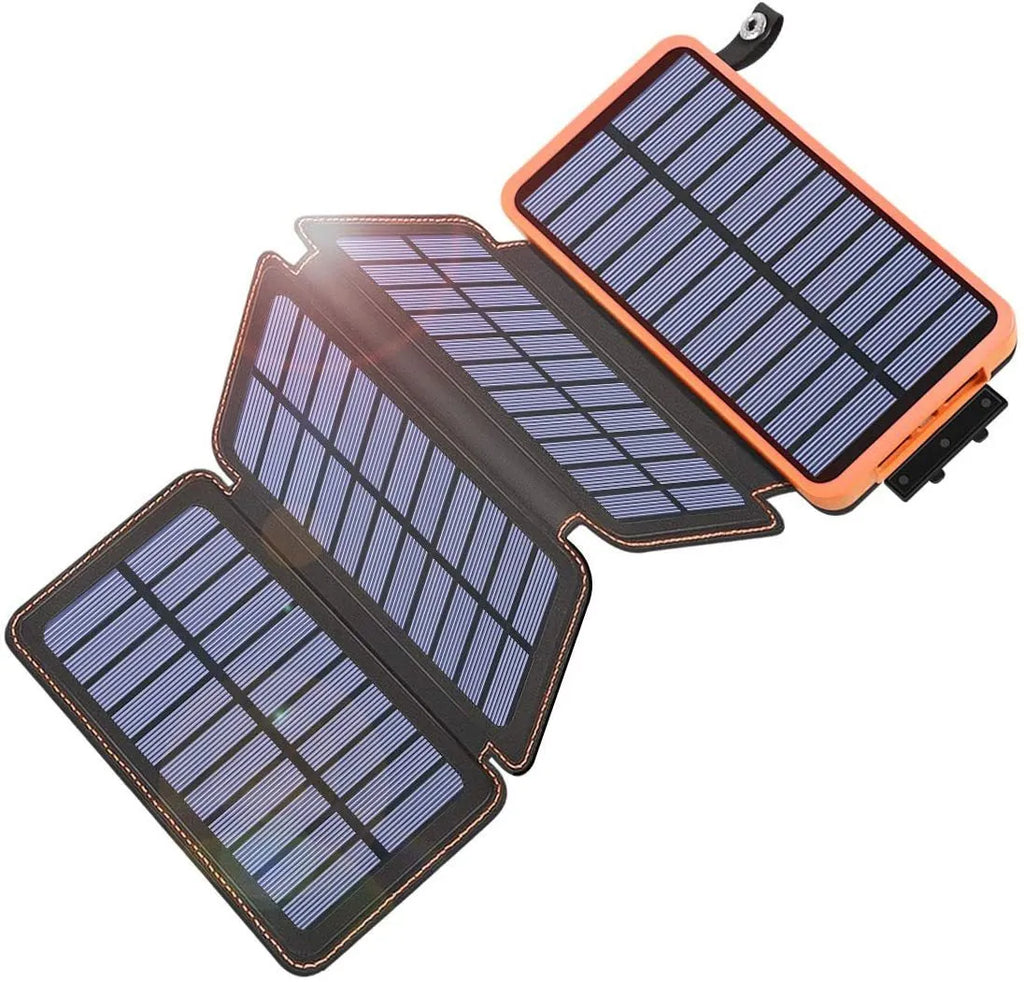 Outdoor solar phone charger in multiple colours showing solar panel, LED light, and leather finish.