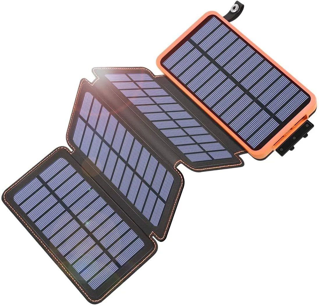 Outdoor solar phone charger in multiple colours showing solar panel, LED light, and leather finish.