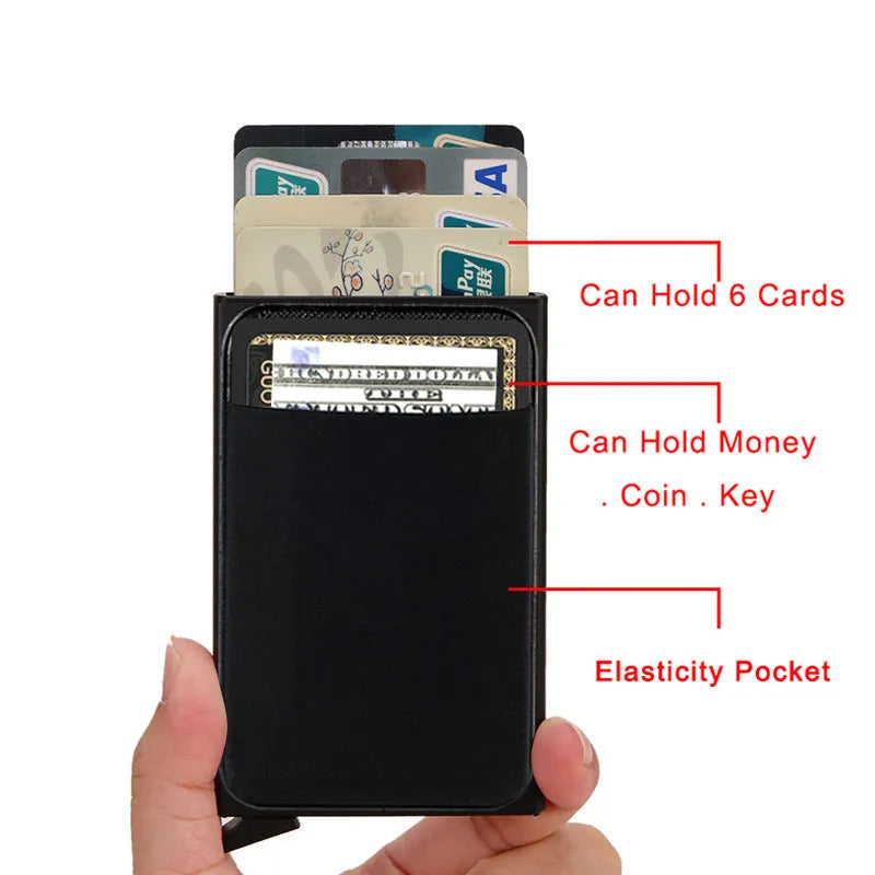 Slim aluminium metal credit card holder wallet with frosted finish shown in multiple colour options.