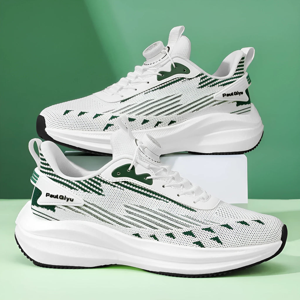 Men's casual sports running shoes with rotating buckle and Fly-kit mesh upper in white green colour