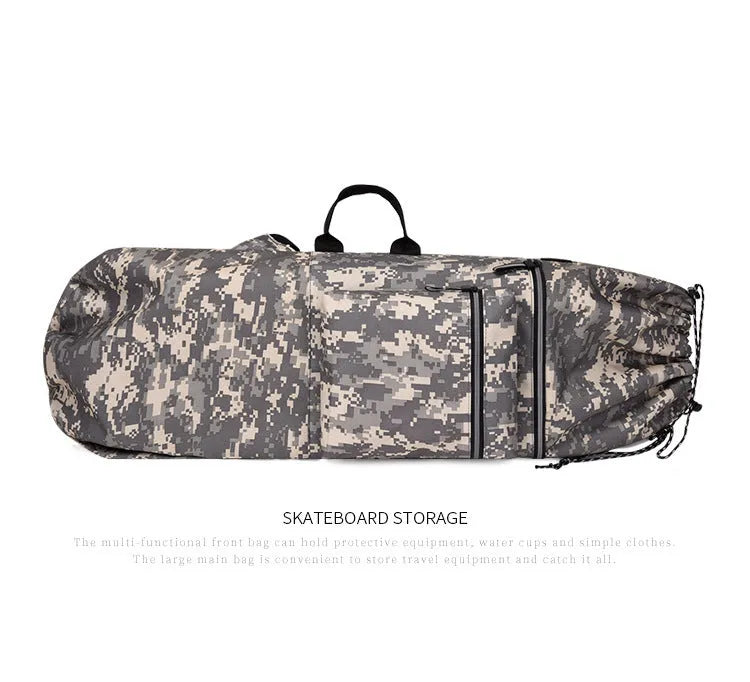 Waterproof nylon skateboard carry bag with 20-35 litre capacity in black camouflage colours