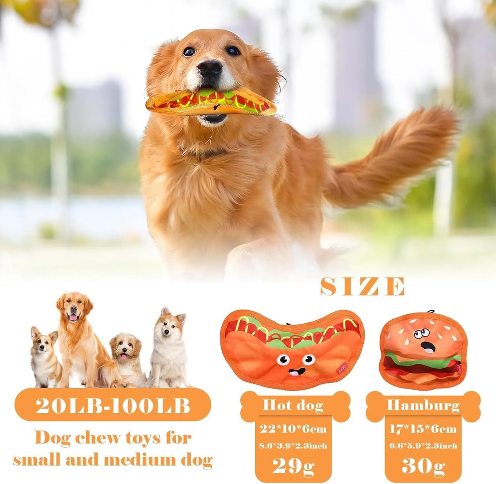 Set of four food-shaped dog toys: hamburger, fries, hot dog, and pizza, with vivid colours.