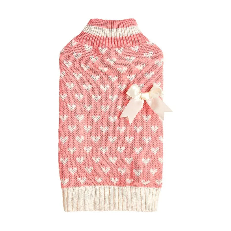 Red love heart dog sweater on small dog with bow design alternative colours available
