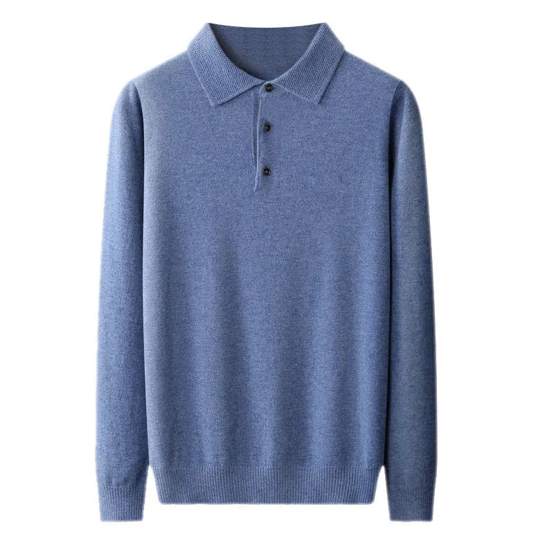 Men's grey wool blend pullover sweater with a polo collar and long sleeves laid flat