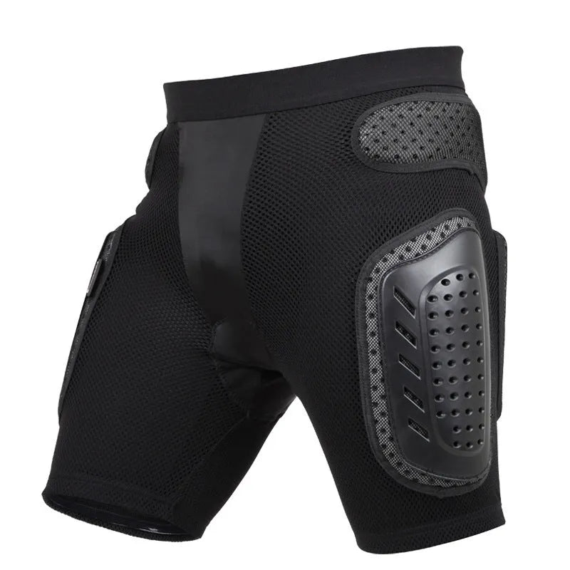 Black cycling hip protection pants showing padded construction for impact safety during mountain biking.