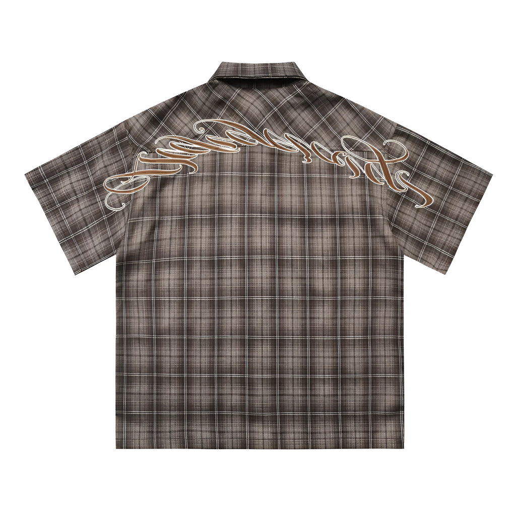 Men's black and brown embroidered plaid short sleeve shirt with lapel collar