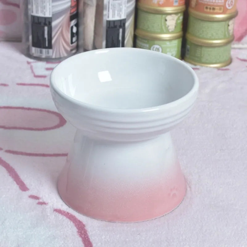Ceramic pet bowl with anti-tumble design and raised chin support for cats and dogs