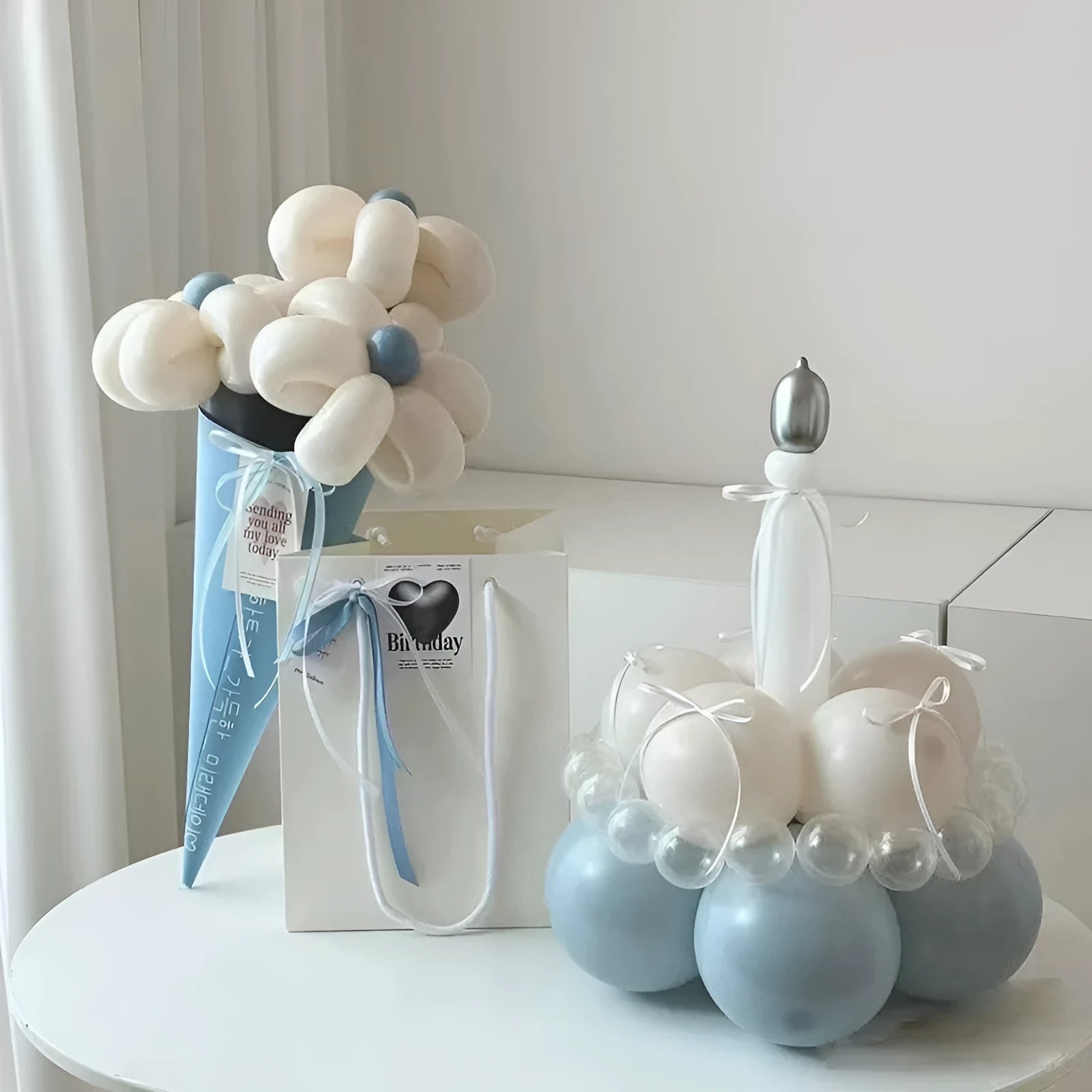 Round DIY balloon cake bouquet decoration kit with balloons for party events.