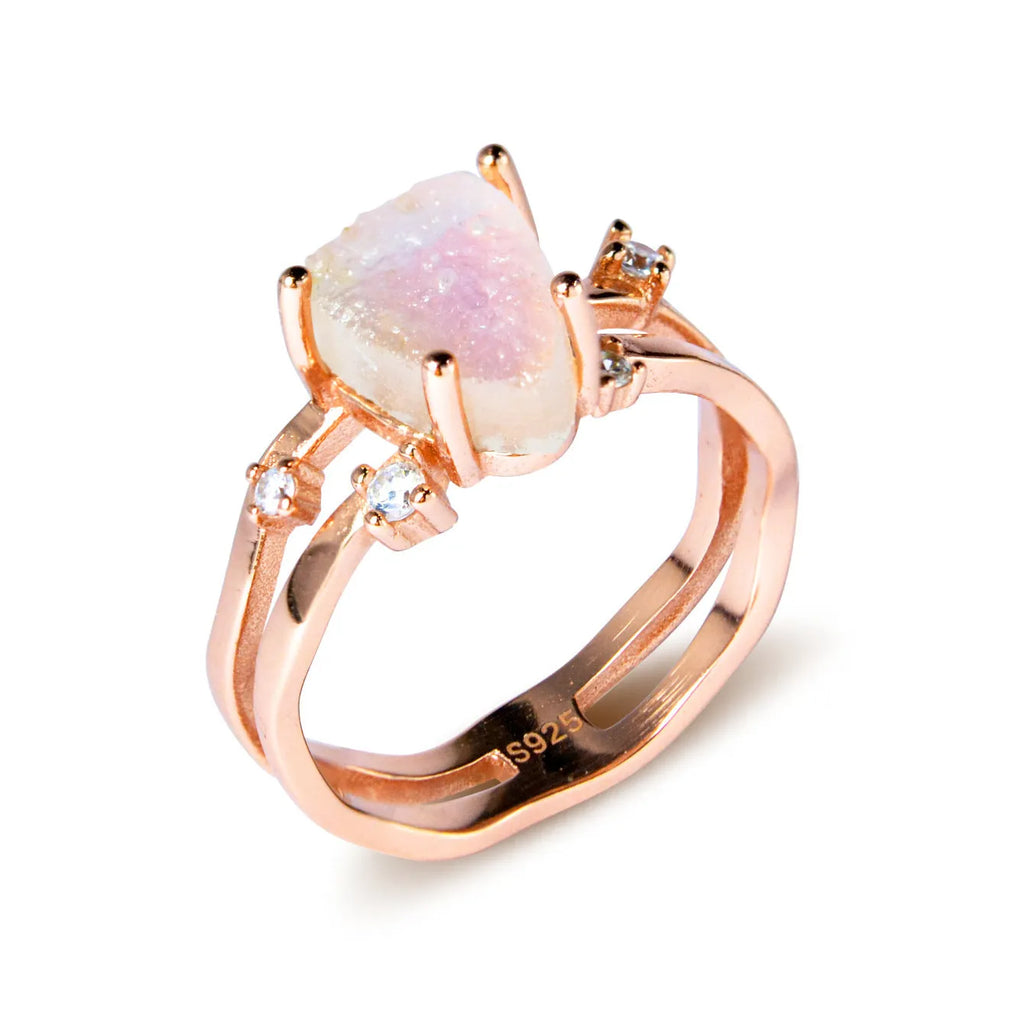 S925 silver ring with triangular shape and central moonstone in rose gold, white, or yellow gold finish.