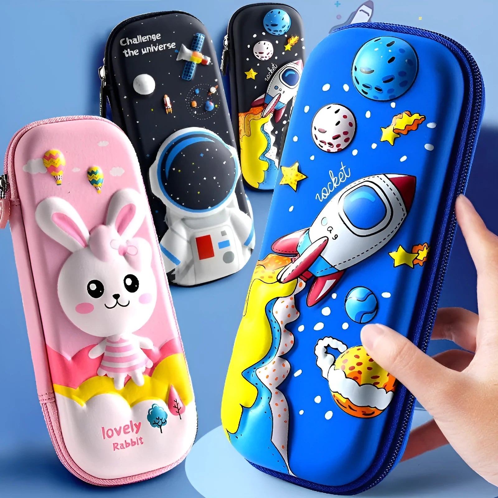 3D leather pencil case in a box shape showing one of the available design options such as a spaceship or unicorn