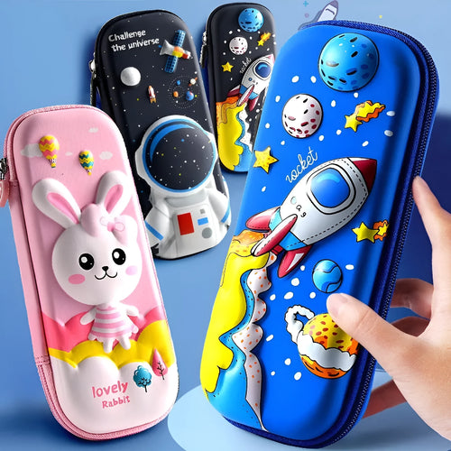 3D leather pencil case in a box shape showing one of the available design options such as a spaceship or unicorn