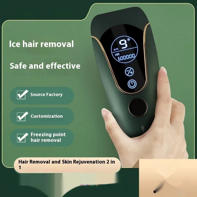 Freezing point hair removal device in Sundial white, green, or pink colour for body, face, legs, and private parts.