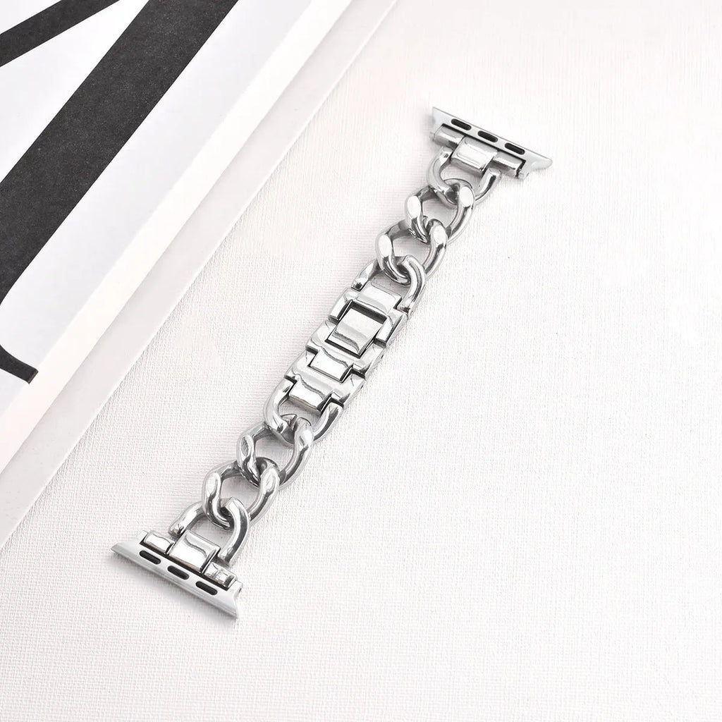 Metal denim chain link Apple watch strap in silver, black, gold, rose gold and Starlight colours
