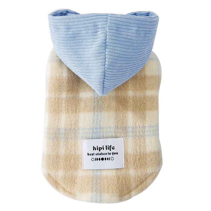 Blue corduroy chessboard grid hooded vest for dog on autumn background