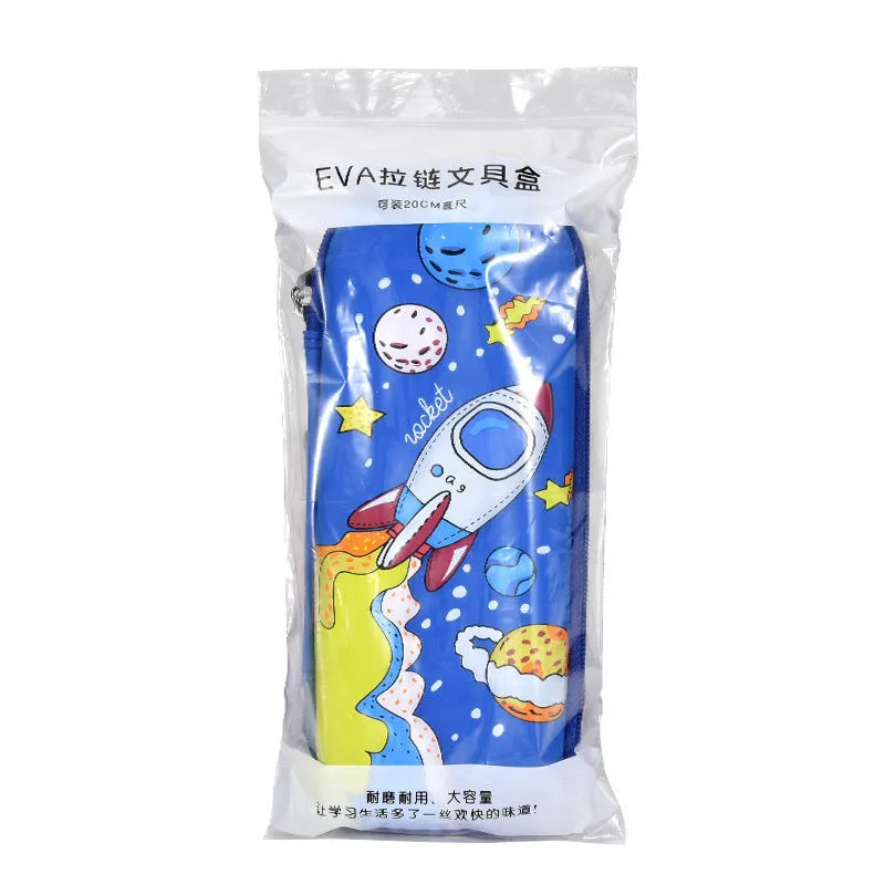 3D leather pencil case in a box shape showing one of the available design options such as a spaceship or unicorn