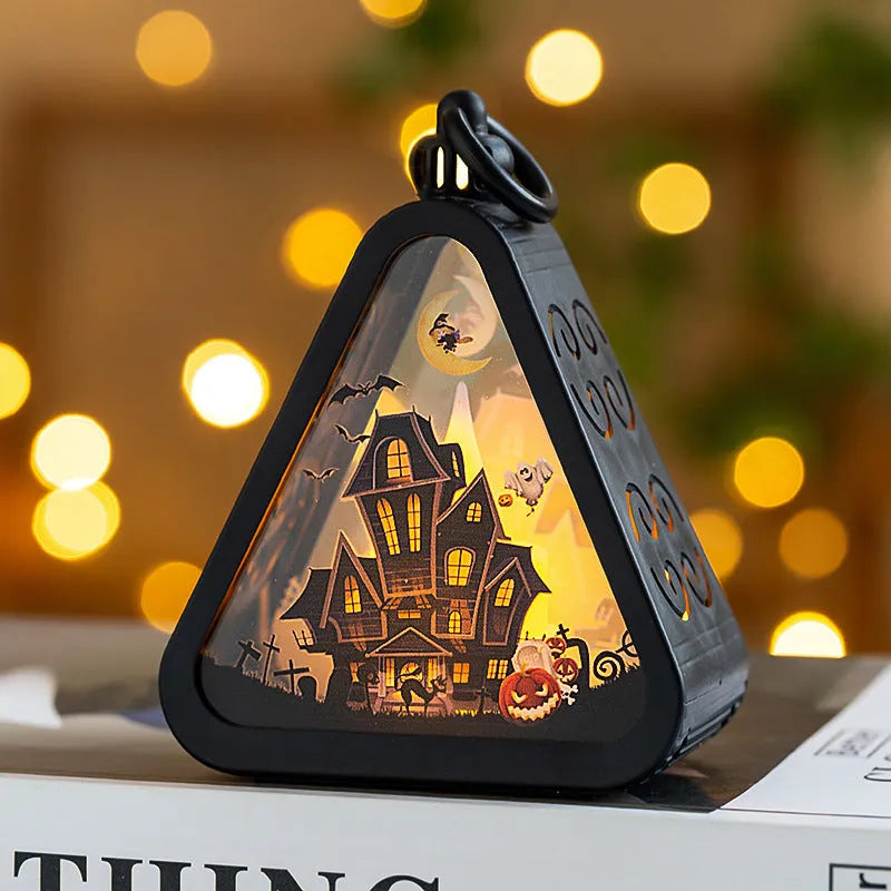 Portable Halloween pumpkin lamp decoration with plastic and glass construction measuring 8.9cm