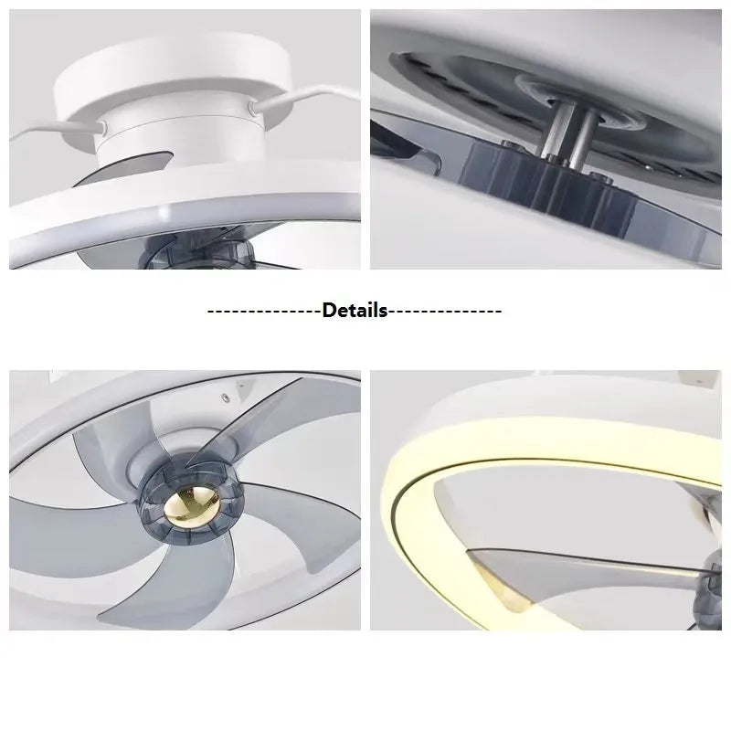 Modern simple style overhead fan lamp with light, white PC blades and acrylic shade.