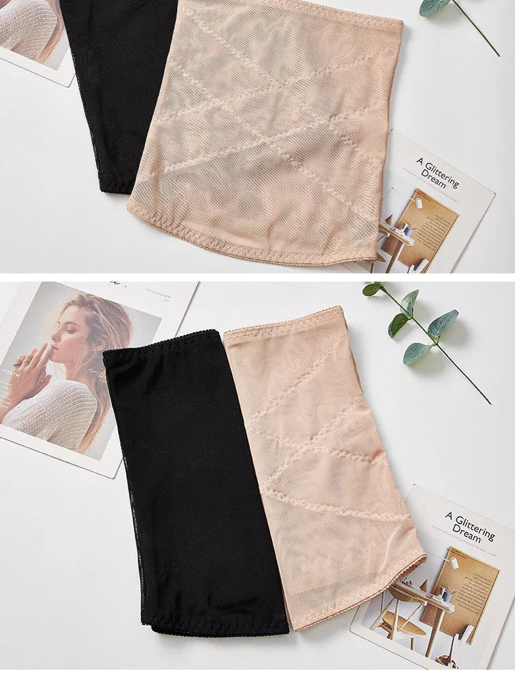 Black mesh belly band with cross waistband design for postpartum waist trimming