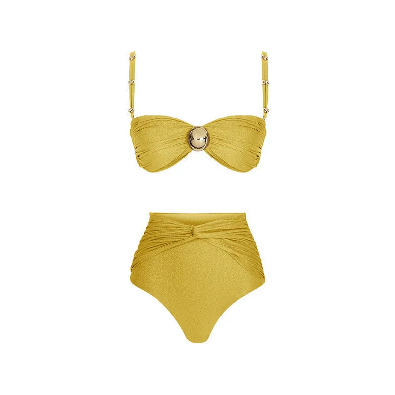 Yellow and green women's high waist split bikini and one-piece swimsuits on a beach backdrop.