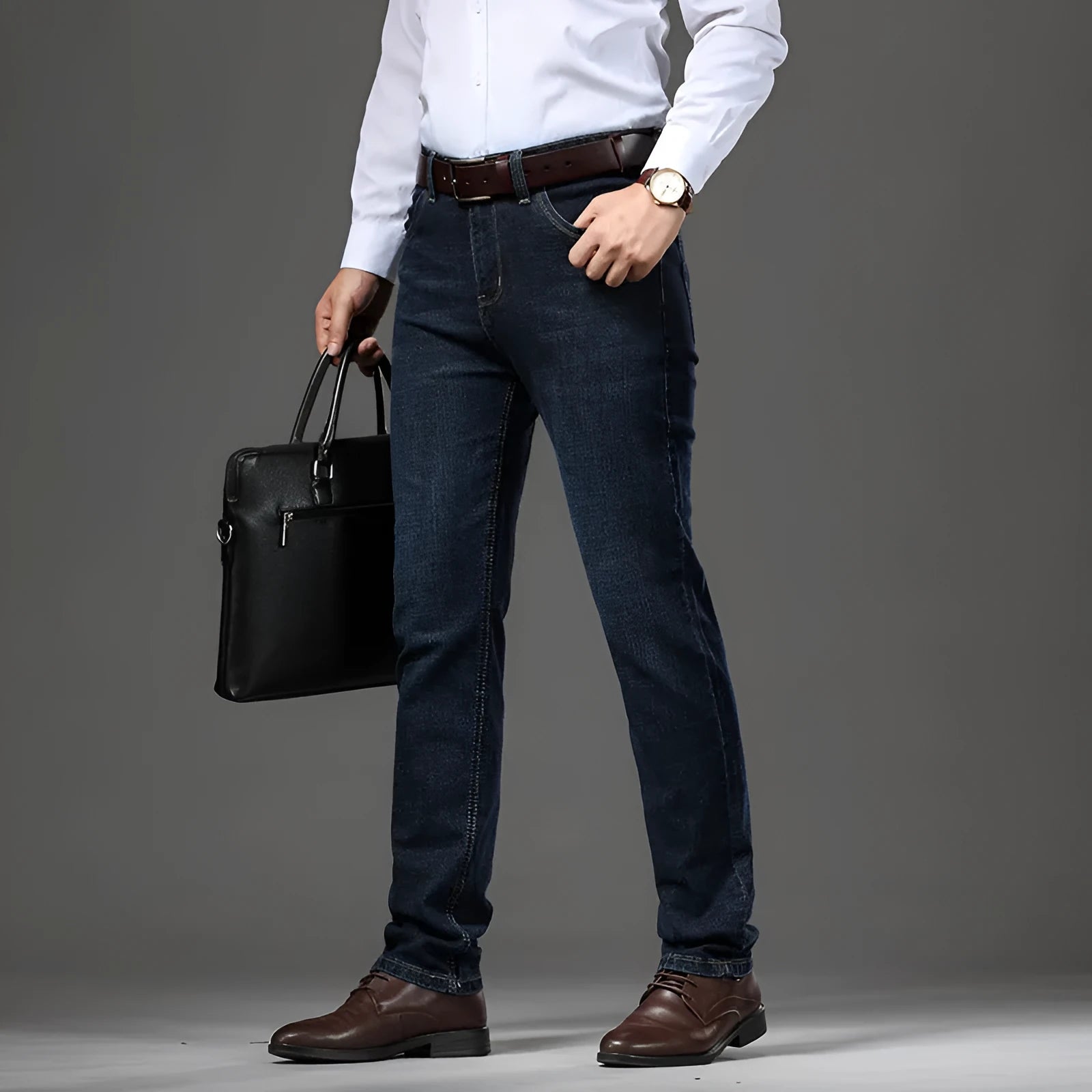 Men's black straight-leg stretch jeans with mid-waist and zip closure on plus size model