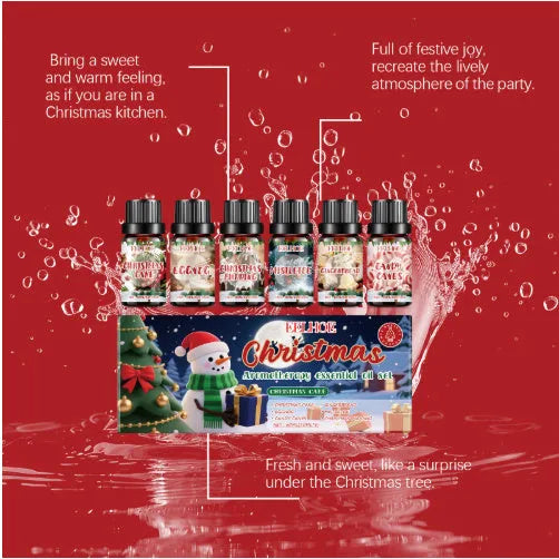 Six bottles of Christmas aromatherapy oil set with 60ml volume for festive home scenting.