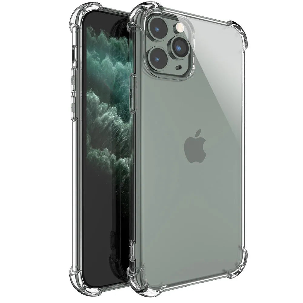 Transparent shockproof TPU phone case for Apple iPhone models showing clear back and sides.