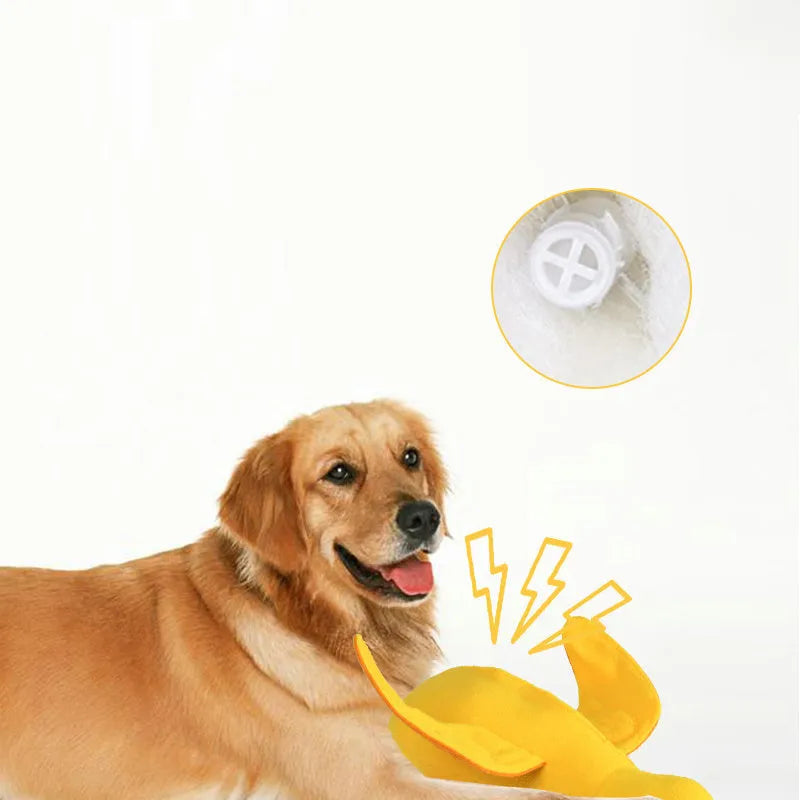 Yellow plush duck dog toy with treat holes and sound module for training and chewing