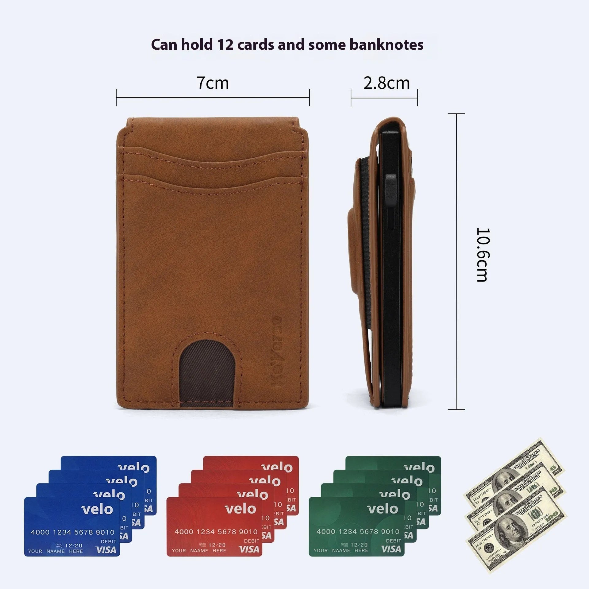 Men's slim RFID blocking card holder in synthetic leather showing black, dark brown, and light brown colour options