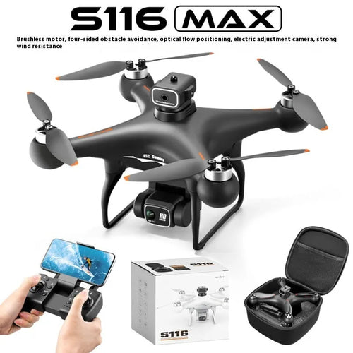 Black HD brushless quadcopter drone with four obstacle avoidance sensors and camera