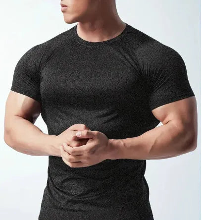Men's tight stretch quick-drying round neck short sleeve t-shirt in chemical fibre polyester blend