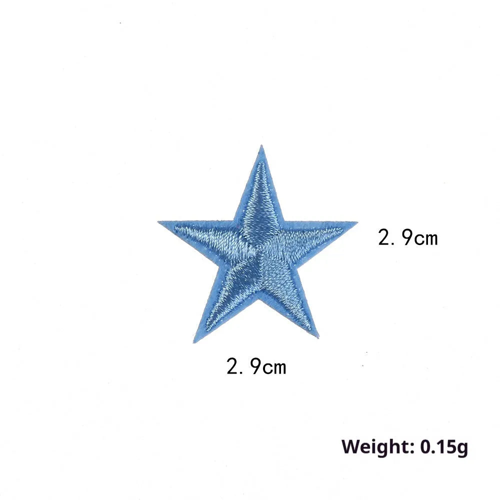 Colourful handmade embroidered five-pointed star cloth stickers for DIY decoration on fabric.