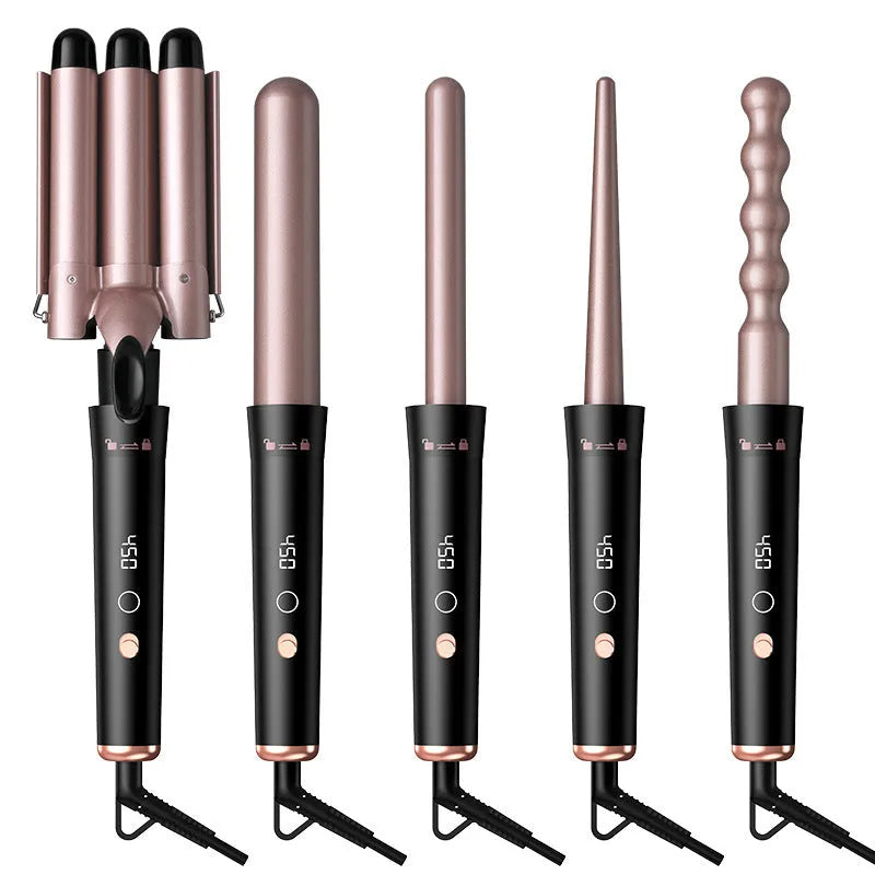 Rose gold hair curler with five interchangeable tubes and LCD display showing negative ion technology