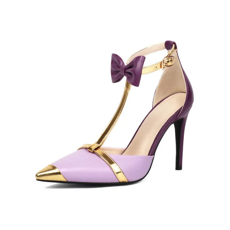 Purple plus size women's closed toe high heel sandals with an ankle buckle.